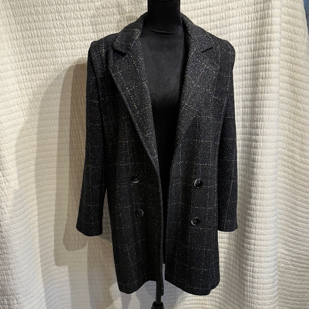 Vintage USA Made Black White Checkered Plaid Double-Breasted Pea Coat